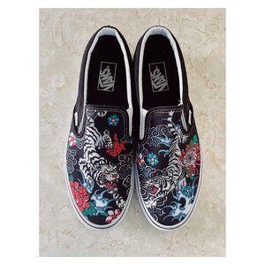 Vans Sz 9.5 Mens 11 Wmns White Tiger Floral Tattoo Slip On Sneaker